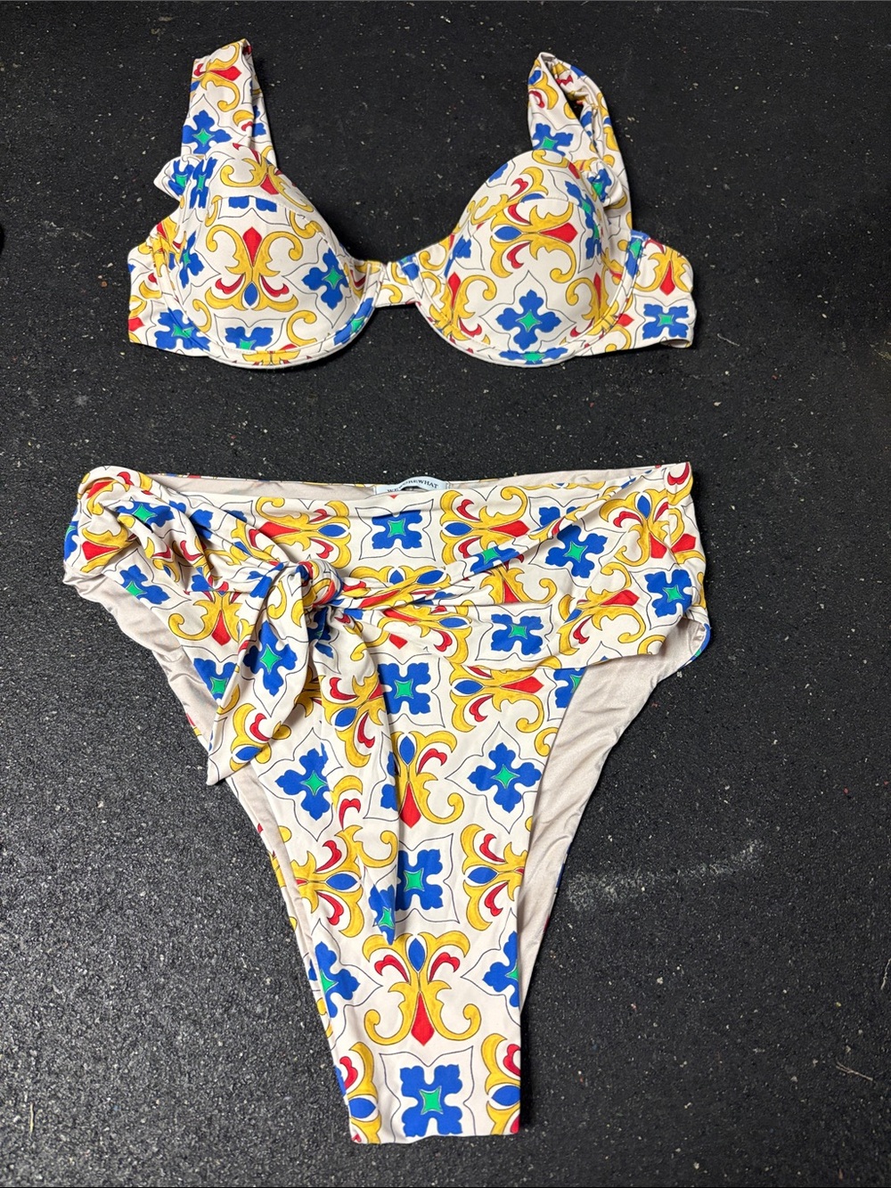 WeWoreWhat White Tile-Print Two-Piece Bikini with Yellow & Blue Accents